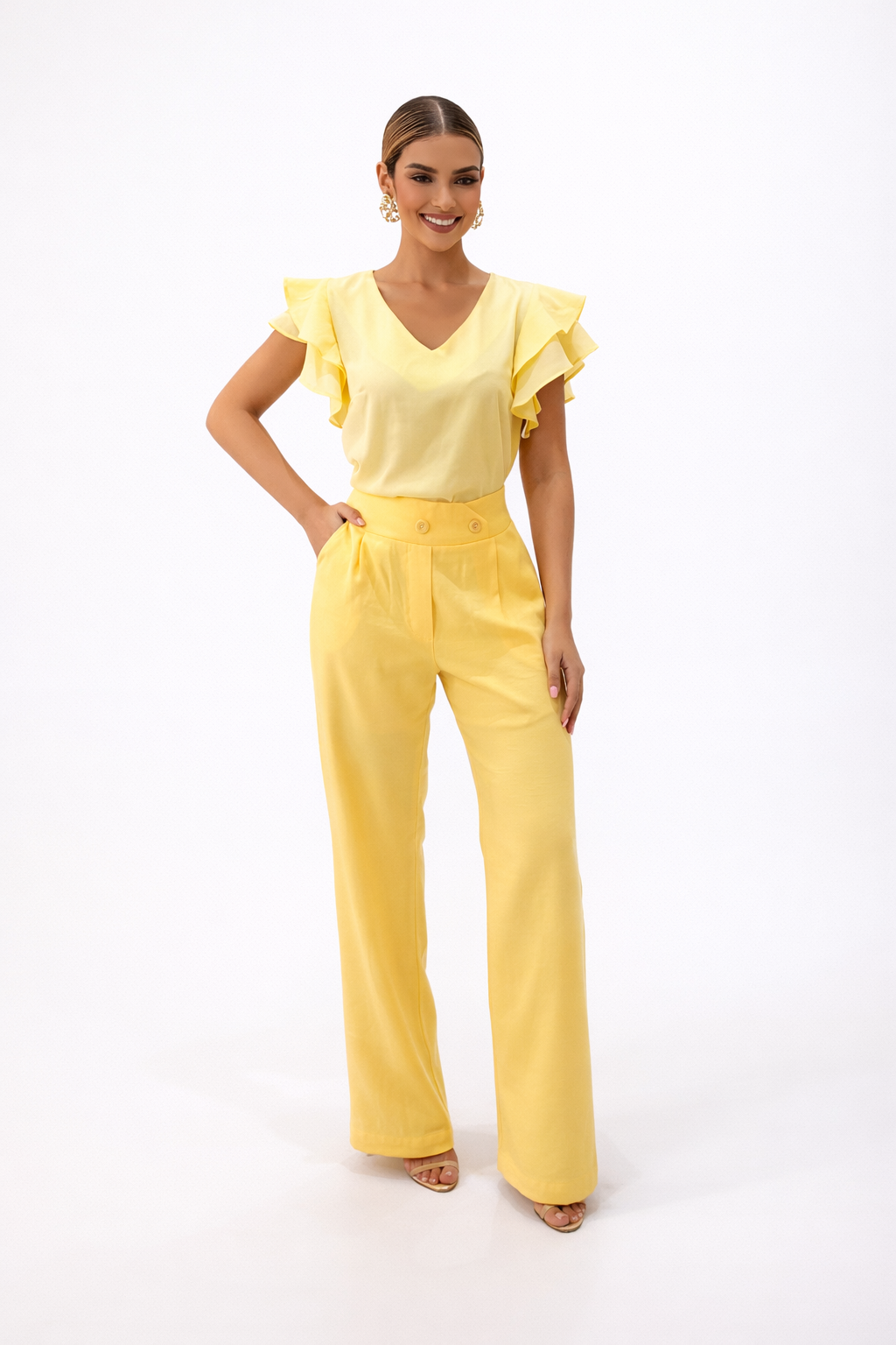 Conjunto Feminino Calça Pantalona e Blusa Manga Babado – Amarelo