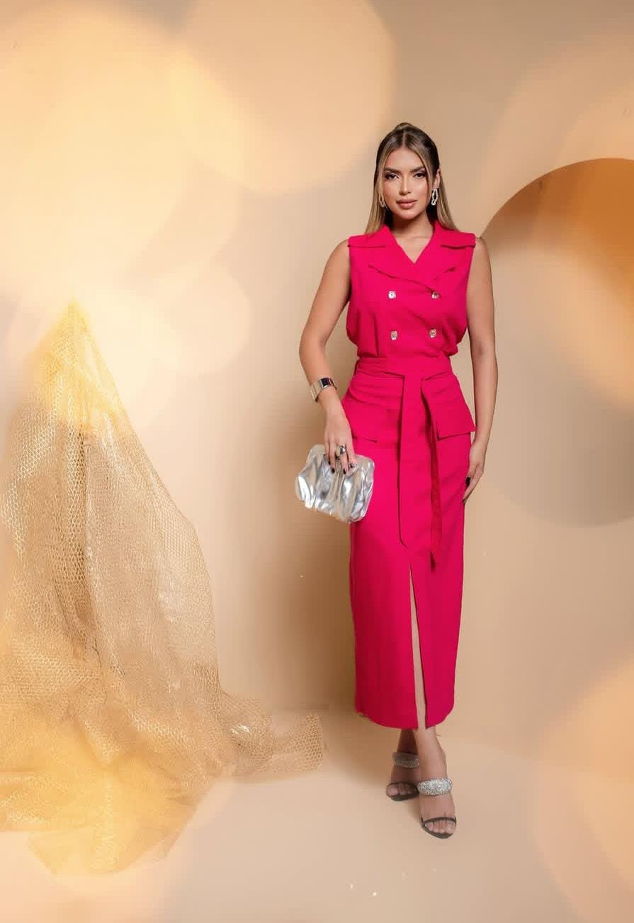 Conjunto Alfaiataria Feminino Colete e Saia Midi – Rosa Fúcsia